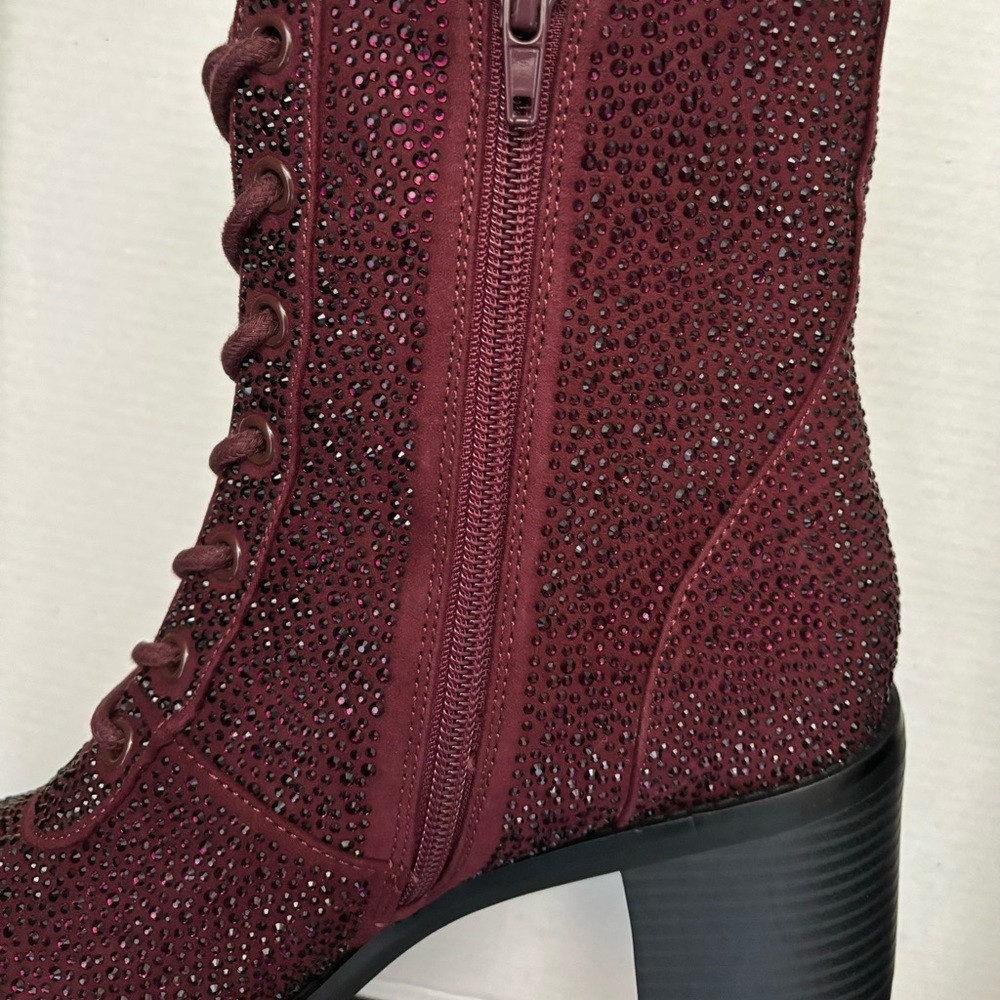 INC “Samira” maroon/burgundy rhinestone / crystal-like heel zip boots. - Picture 2 of 4